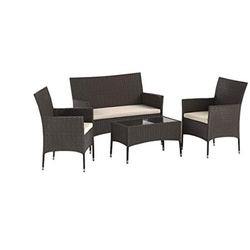 AmazonBasics Outdoor Patio Garden Faux Wicker Rattan Chair Conversation Set with Cushion - 4-Piece Set, Brown