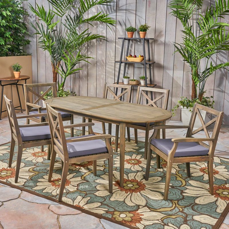 Pines Outdoor 7 Piece Acacia Wood Dining Set by Christopher Knight Home - teak + green cushion