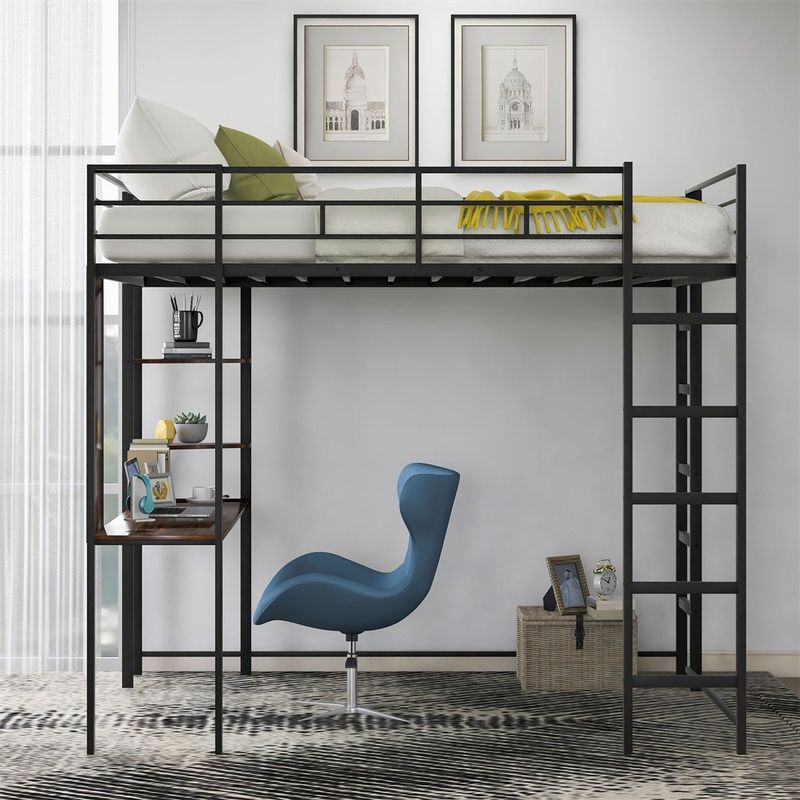 Merax Metal Full Size Loft Bed with Desk - Black