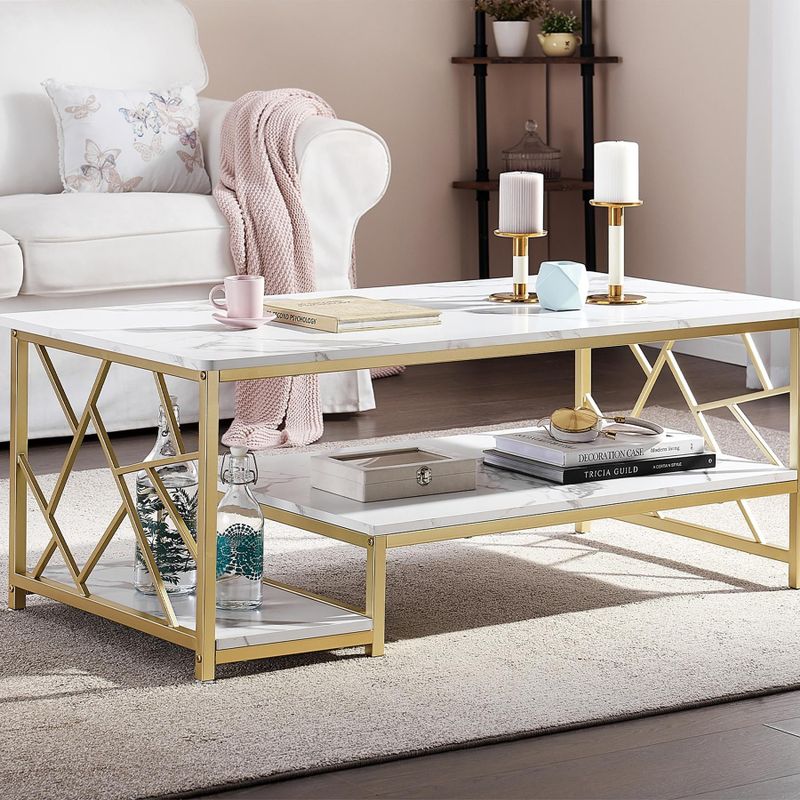 MCombo Marble Gold Coffee Table, Modern Center Table for Living Room - 45x24 - White
