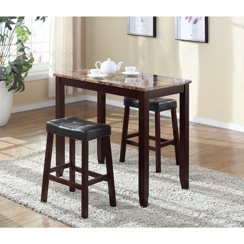 3 Piece Counter Height Table and Saddleback Stools with Faux Marble Top - Espresso