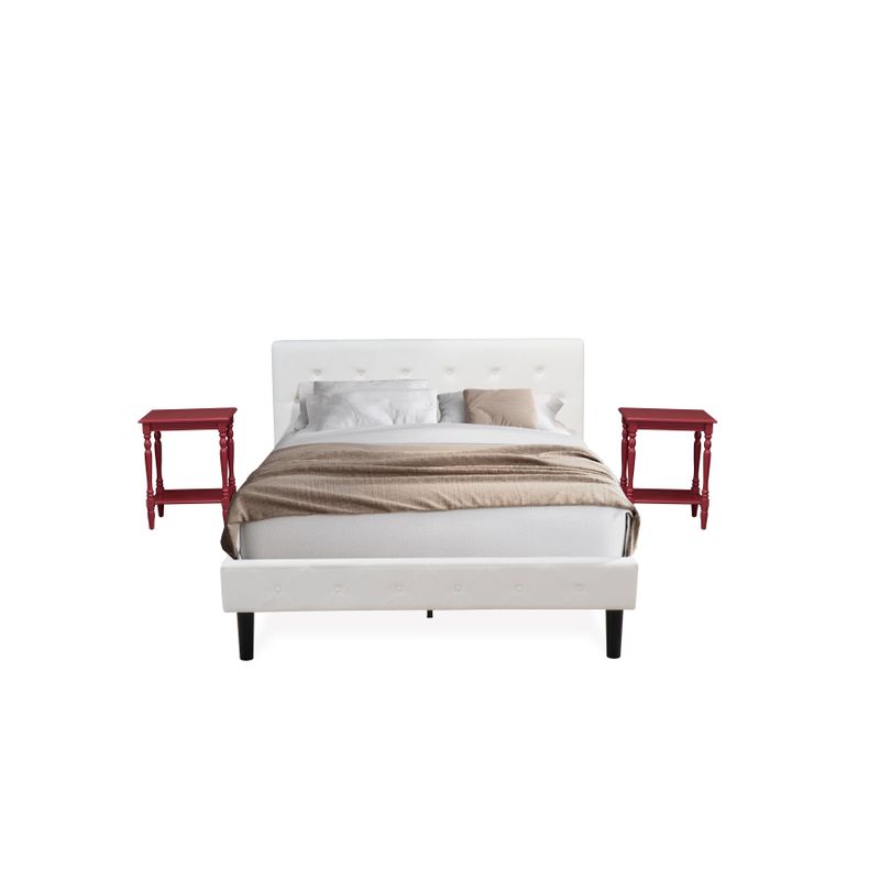 3 Piece Bedroom Set - 1 Platform Bed Upholstered White Velvet Fabric and 2 Night Stands - Burgundy Finish Nightstand - NL19Q-2BF13
