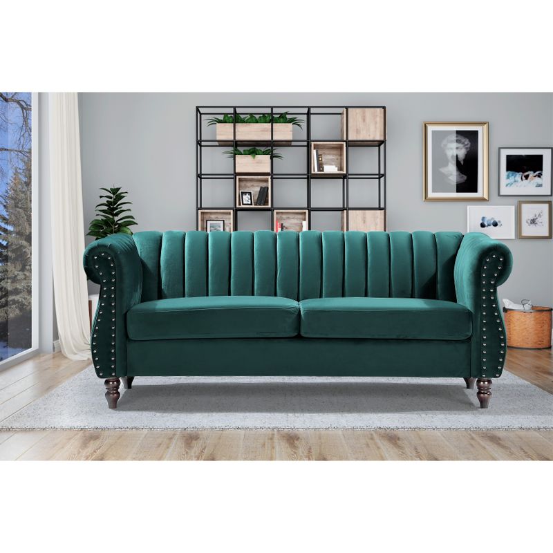 Charlot Velvet Chesterfield Rolled Arm 2-Piece Living Room Set - Dark Blue