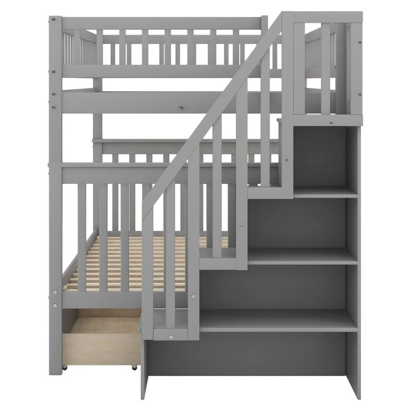 Full over Full Bunk Bed with Two Drawers and Storage - Gray