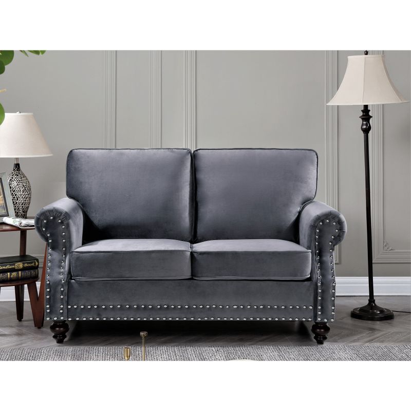 Ramos Nailhead Velvet 3-Piece Set-Loveseat Sofa and Chair - Dark Blue