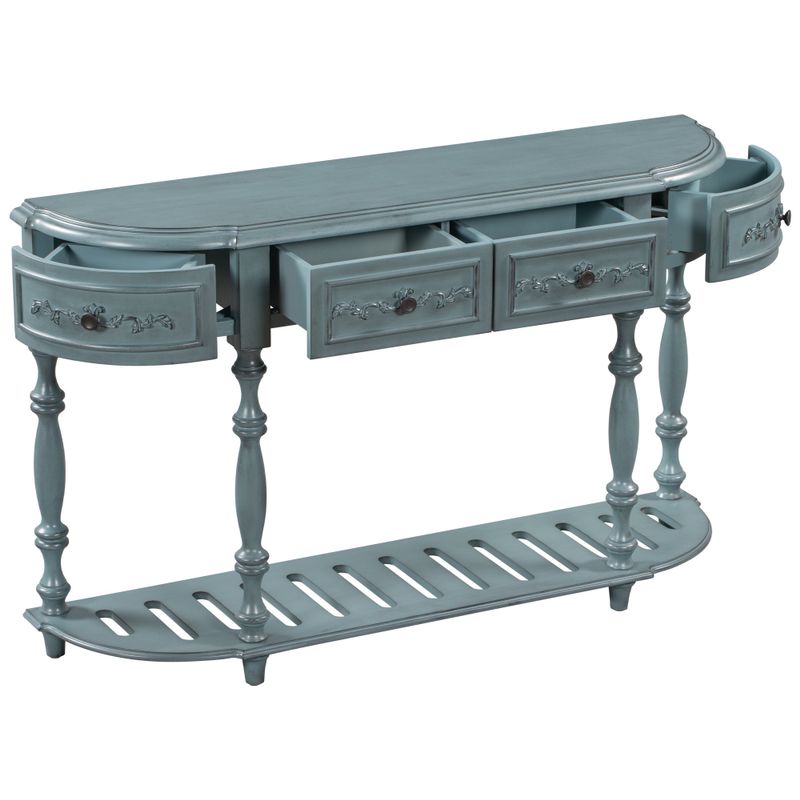 Modern Curved Console Table Entryway Table with 4 Drawers and 1 Shelf - Antique Blue