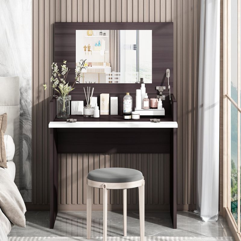 Vanity Make-up Dressing Table with Flip up Mirror Top Spacious Storage Vanity Table, Ebony and White - Espresso and White - No Drawers