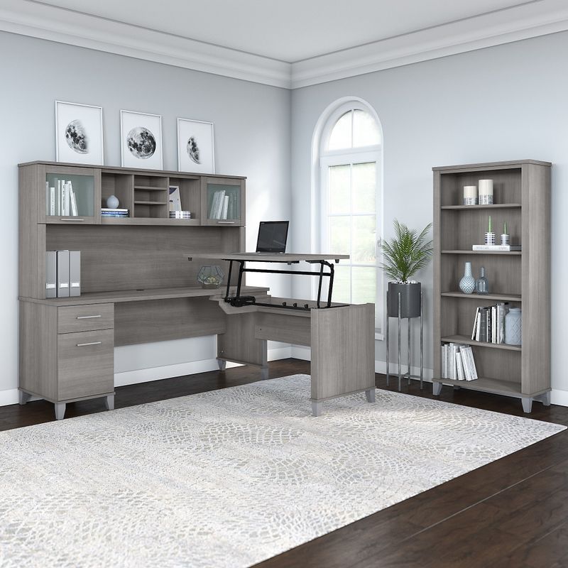 Somerset 72W Sit to Stand L-Desk with Hutch and Bookcase in Ash Gray - Maple Cross