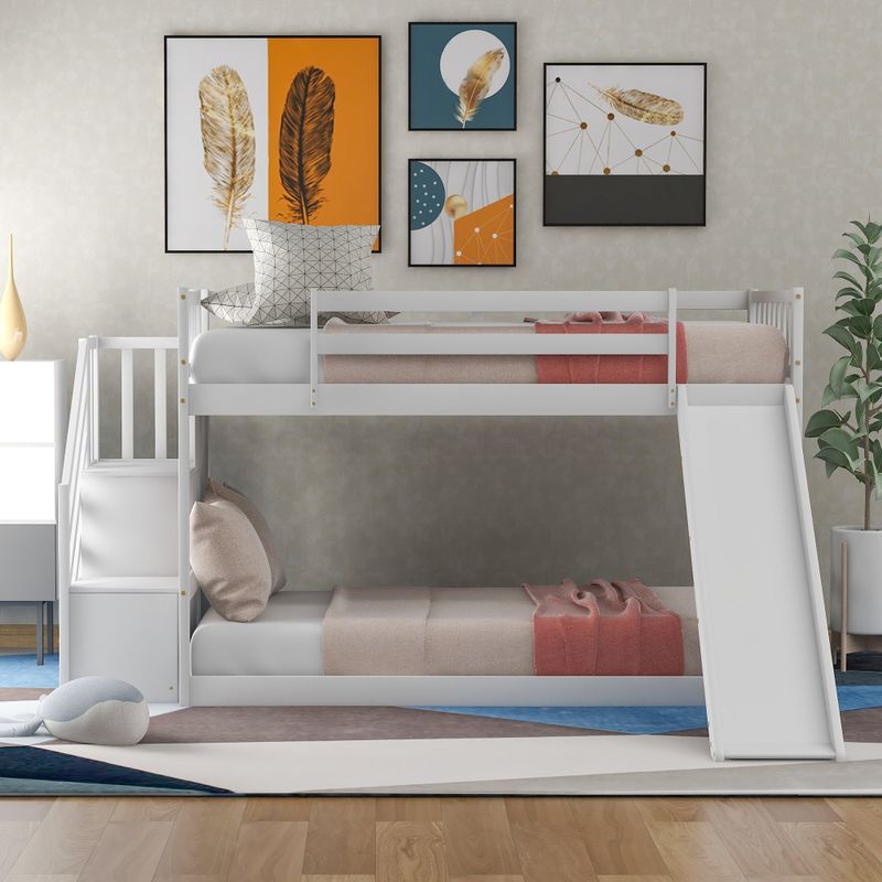Nestfair Twin Over Twin Bunk Bed with Convertible Slide and Stairway - White