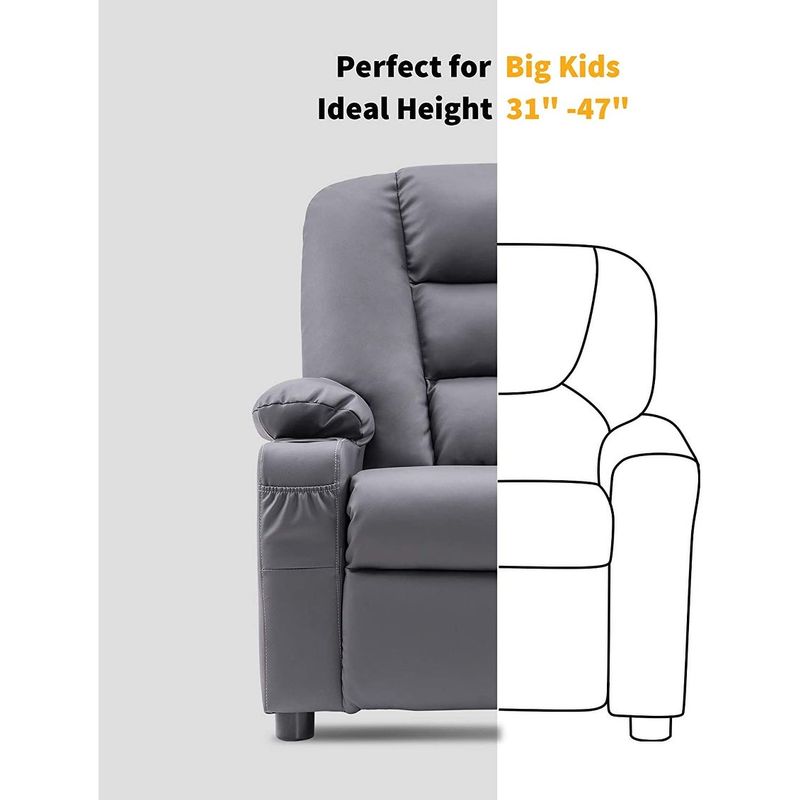 Mcombo Big Kids Recliner Chair with Cup Holders for Toddler Boys and Girls, 2 Side Pockets, 3+ Age Group, Faux Leather 7322 - Grey