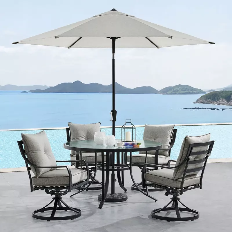Lavallette 5pc: 4 Swivel Chairs, Round Glass Table, Umbrella & Base