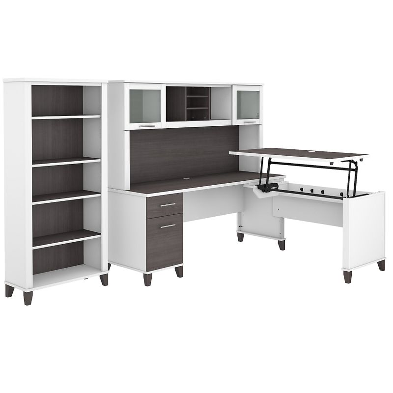 Somerset 72W Sit to Stand L-Desk with Hutch and Bookcase in Ash Gray - Maple Cross