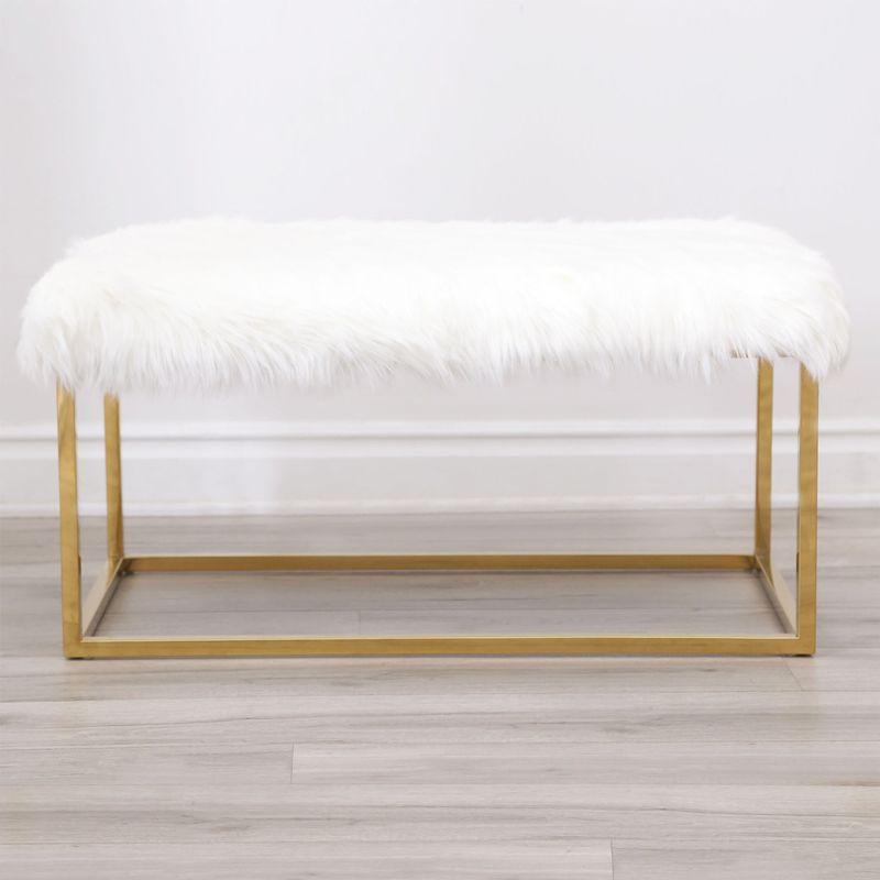 Abbyson Evelyn Stainless Steel Faux Fur Ottoman - Gold/White