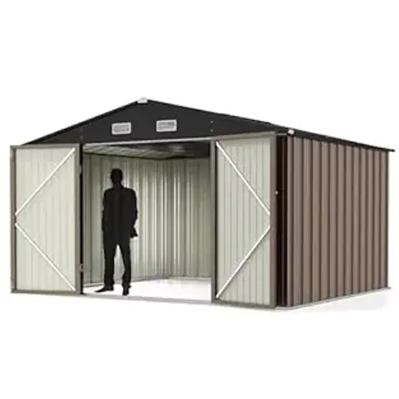 Greesum Metal Outdoor Storage Shed 10FT x 8FT, Steel Utility Tool Shed Storage House with Door & Lock, Metal Sheds Outdoor Storage for Backyard Garden Patio Lawn (10' x 8'), Brown