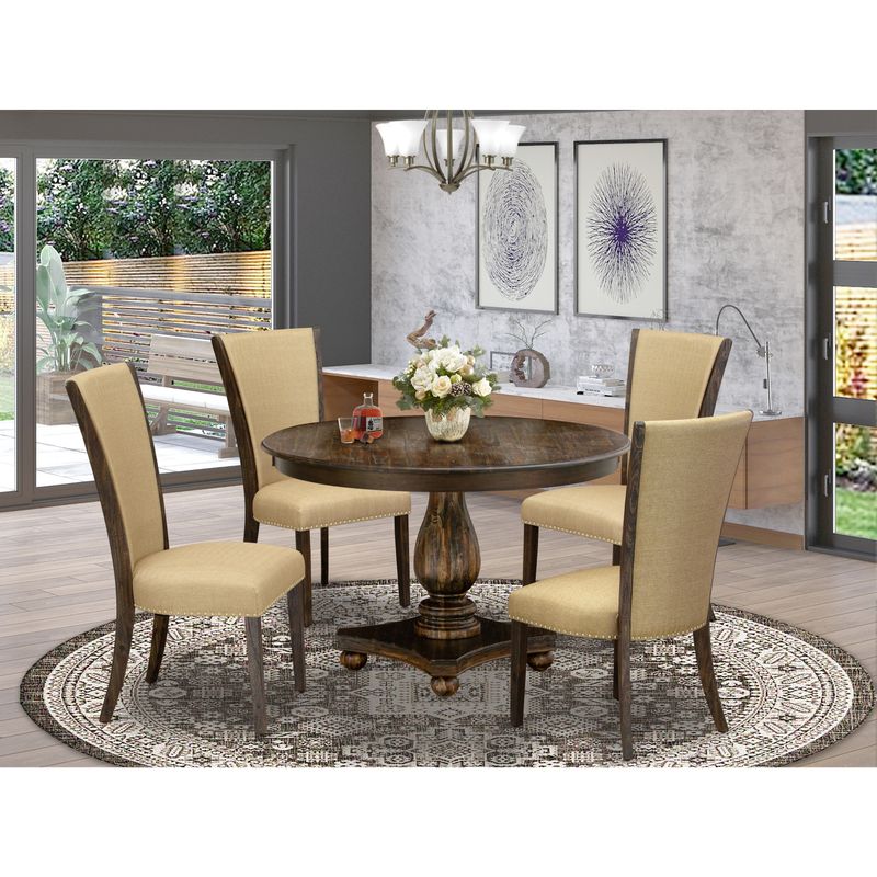 Dining Set - Pedestal Dining Table and Brown Parson Dining Chairs with High Back - Distressed Jacobean Finish (Pieces Option) - F2VE5-703