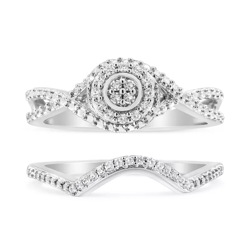 .925 Sterling Silver 1/6 Cttw Diamond Composite Halo and Split Shank Bridal Set Ring and Band (I-J Color, I3 Clarity) - Size 7