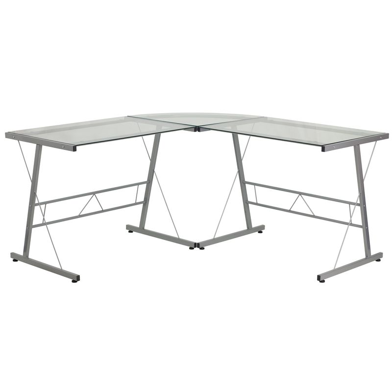 Glass L-Shape Corner Computer Desk with Silver Metal Frame - Clear/Silver