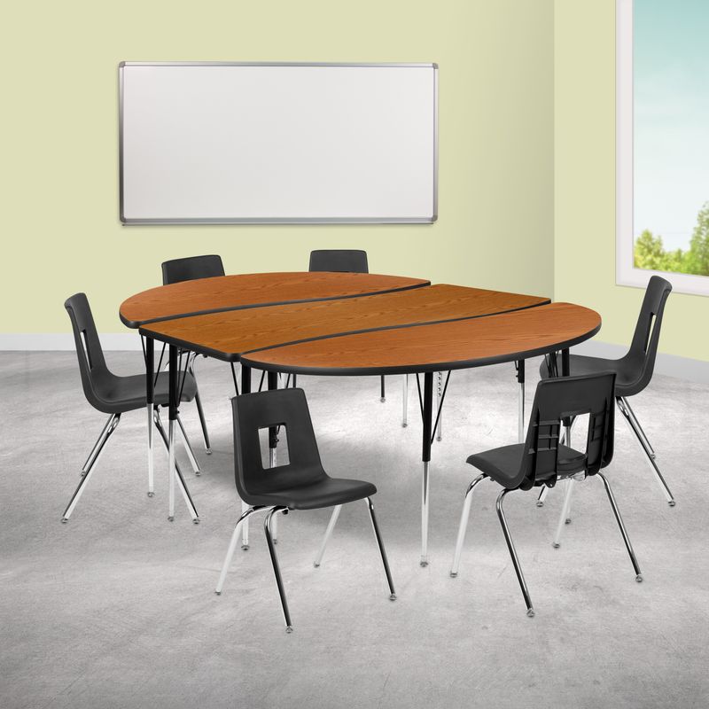 86" Oval Wave Collaborative Laminate Activity Table Set with 18" Student Stack Chairs, Grey/Black - Oak