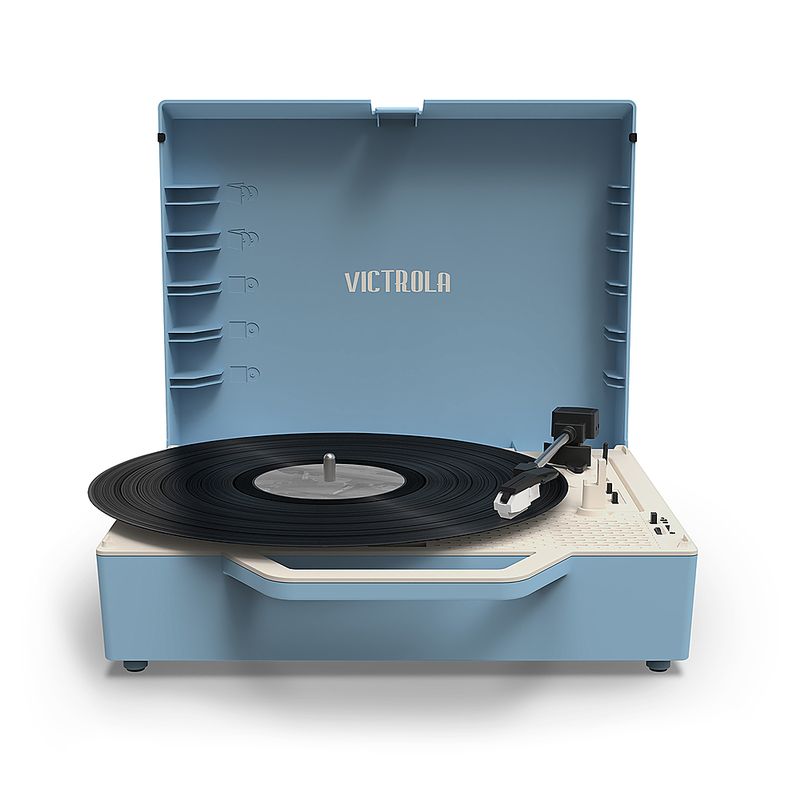 Alt View Zoom 16. Victrola - Re-Spin Sustainable Bluetooth Suitcase Record Player - Light Blue