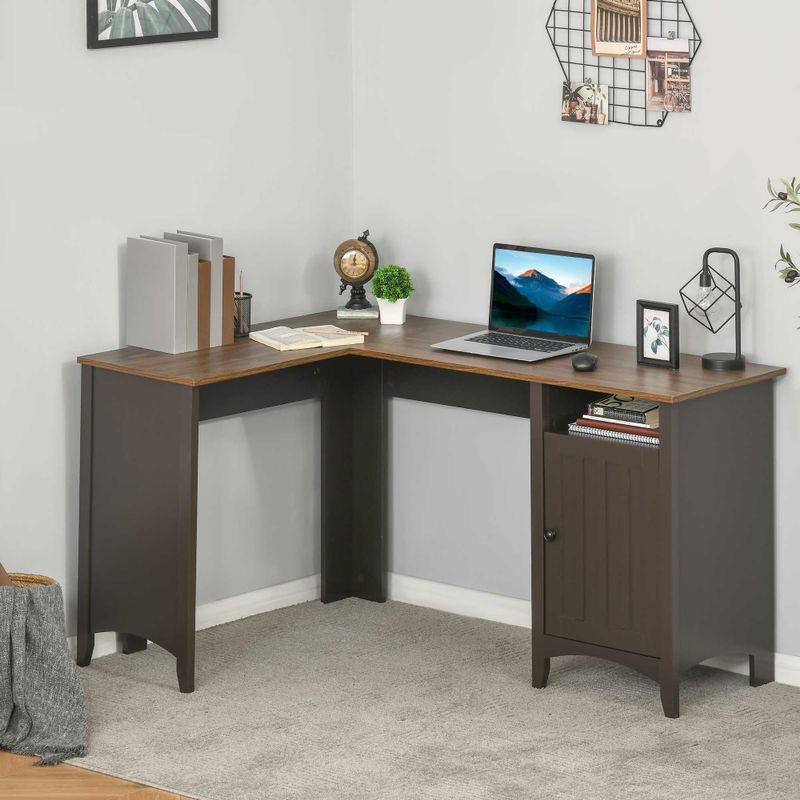 HOMCOM L-Shaped Computer Desk with Open Shelf and Storage Cabinet, Corner Writing Desk with Adjustable Shelf - Coffee, Walnut