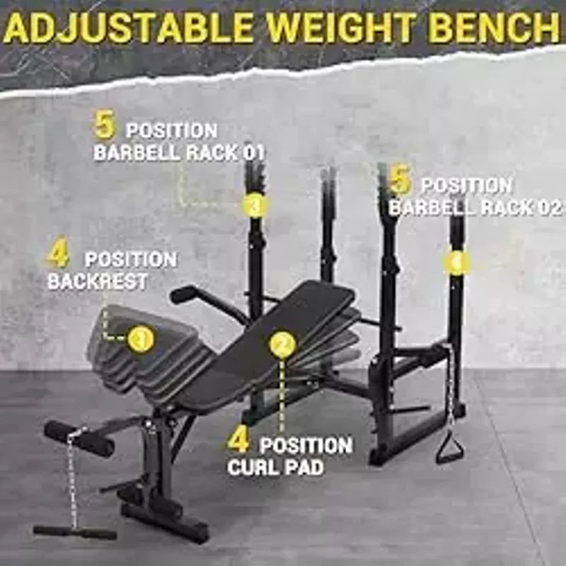 GarveeLife Adjustable Weight Bench Set for Home Gym, Foldable Workout Bench with Bench Press, Squat Rack, Preacher Curl, Leg Extension, Low Row, Chest Expansion, Sit Up for Full Body Exercise, Black