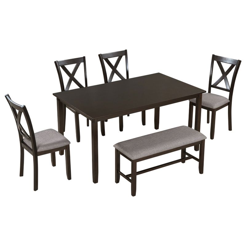 Nestfair 6-Piece Dining Table Set with 4 Fabric Chairs and Bench - Grey