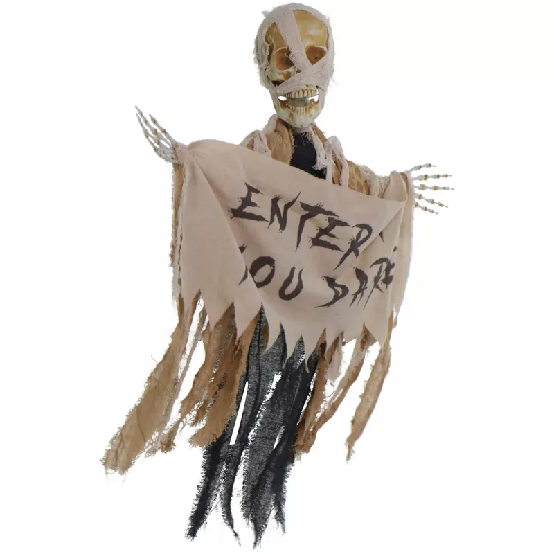 Animatronic Skeleton Mummy Greeter with Banner and Folding Door Hook for Scary Halloween Decoration