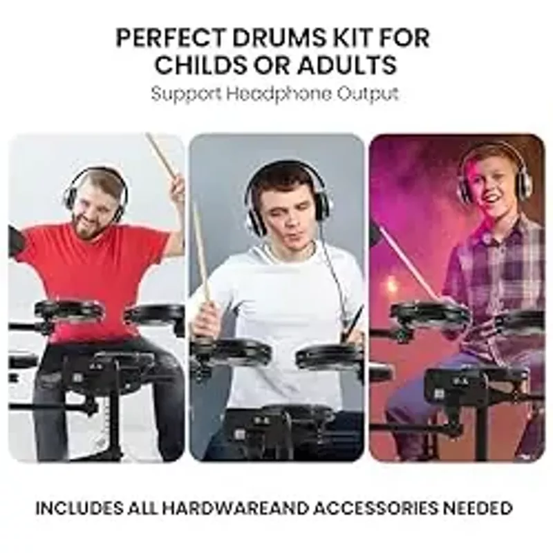 Electric Drum Set, Electronic Drum Set for Beginner with 150 Sounds, Drum Set for kids with 4 Quiet Electric Drum Pads, 2 Switch Pedal, Drum Throne, Drumsticks, On-Ear Headphones