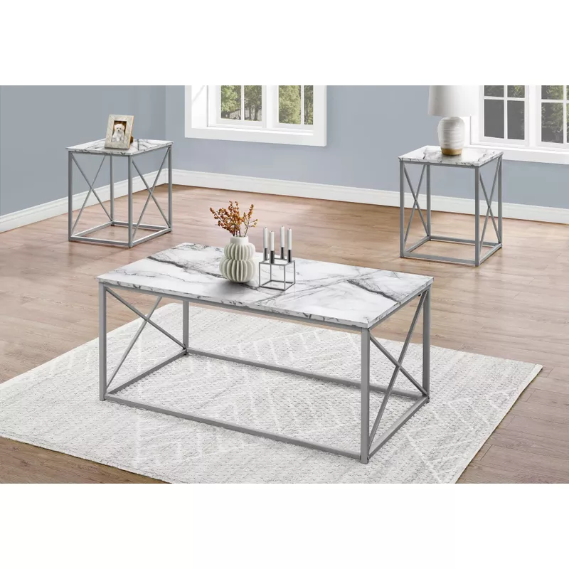 Table Set/ 3pcs Set/ Coffee/ End/ Side/ Accent/ Living Room/ Metal/ Laminate/ White Marble Look/ Grey/ Contemporary/ Modern