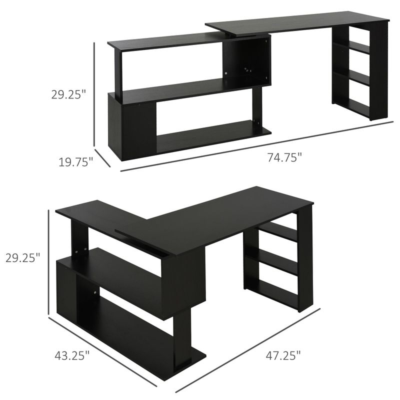 HomCom Modern L Shaped Rotating Computer Desk with Bookshelves - Black - Matte