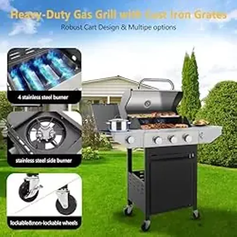 Lyromix Large BBQ Grill Propane with 3-Burners and Side Burner, Outdoor Gas Grill with Porcelain-Enameled Cast Iron Grates, Stainless Steel Camping Barbecue Griddle for Patio, Party, 37000 BTU