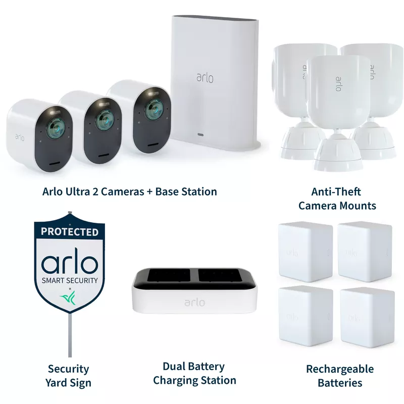 Arlo - Ultra 2 Spotlight 3-Camera Security Bundle Indoor/Outdoor Wireless 4K Security System - White