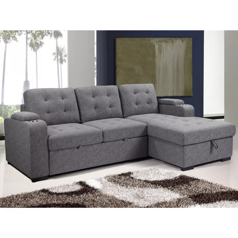 Belmont 96 in. Tufted Grey Right Facing L Shaped Sleeper Sectional with Storage