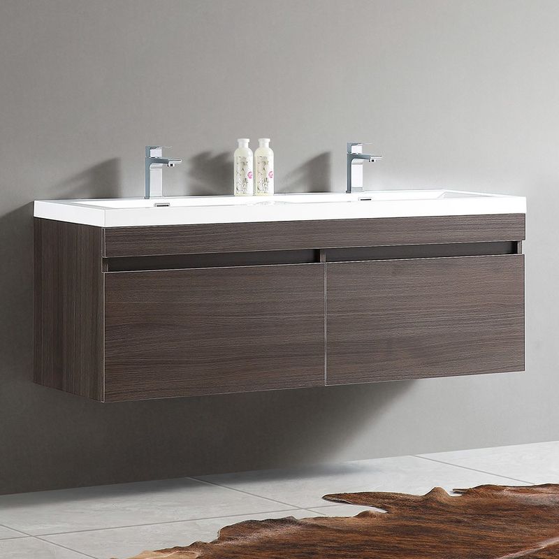 Fresca Largo Grey Oak Modern Double Sink Bathroom Cabinet w/ Integrated Sinks - Largo Modern Bathroom Cabinet w/ Integrated Sinks