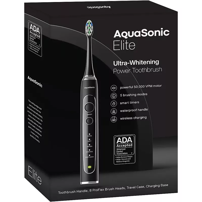 AquaSonic - Elite - Wireless Rechargeable Electric Toothbrush with Travel Case, 5 Modes, 8 Brush Heads - Black