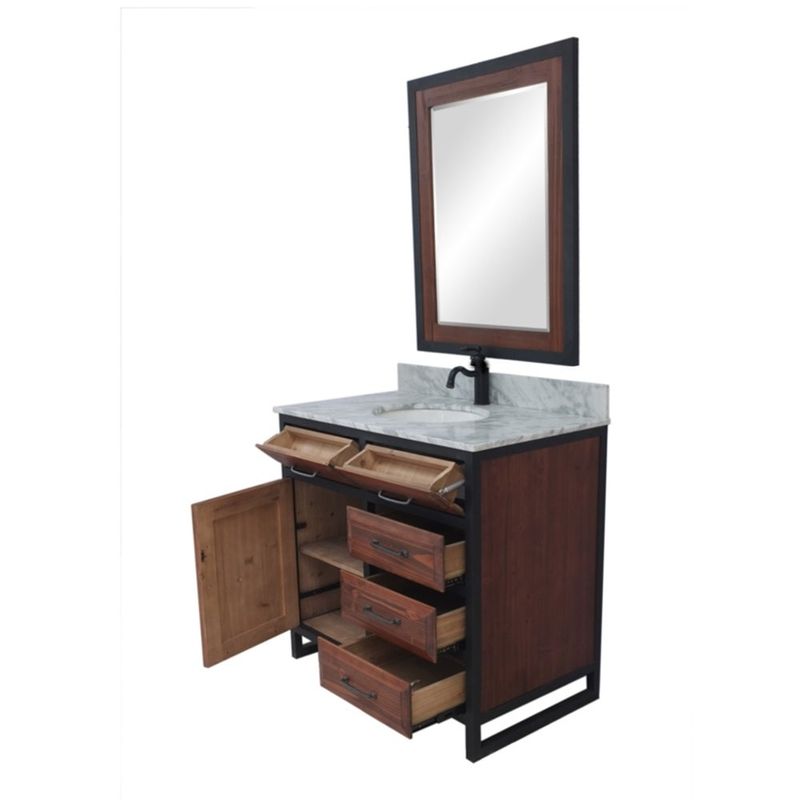 36"Rustic Solid Fir Single Sink Iron Frame Vanity in Brown-Driftwood Finish with Marble Top-No Faucet - Oval - Carrara White Marble Top