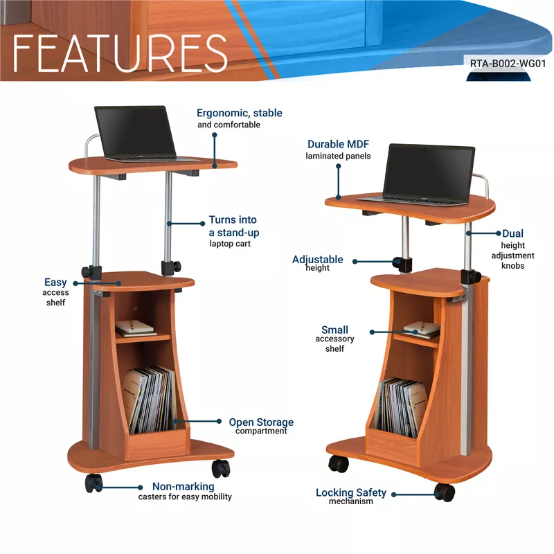 Sit-to-Stand Rolling Adjustable Height Laptop Cart with Storage, Woodgrain