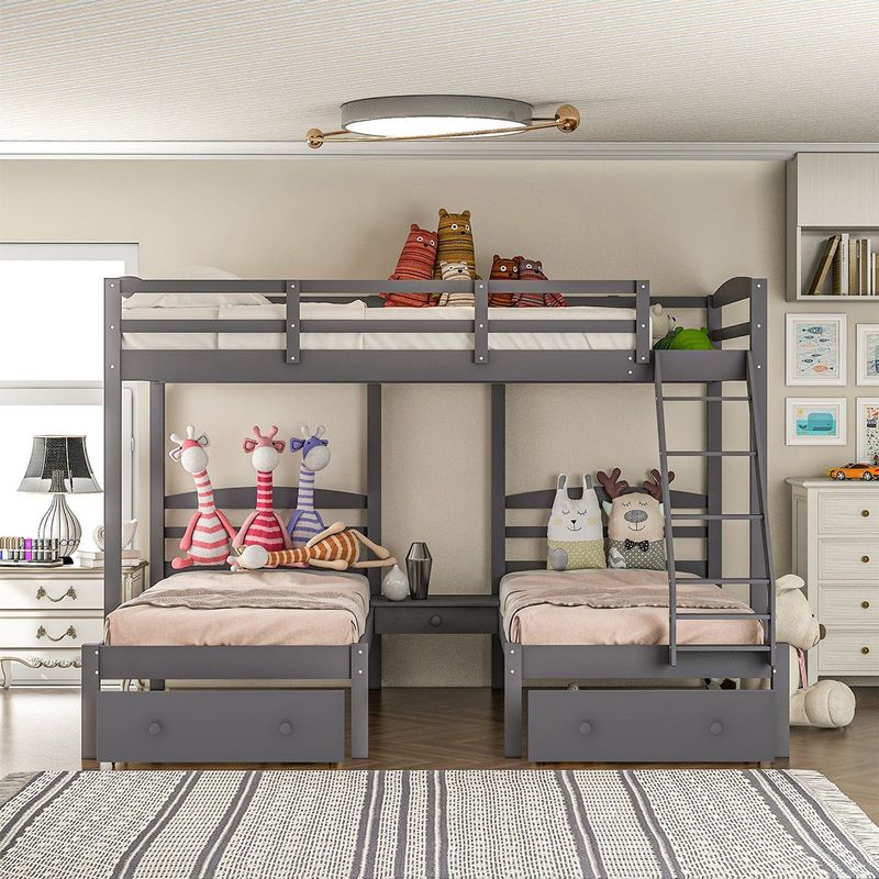 Merax Full Over Twin & Twin Triple Bunk Bed with Drawers - Grey