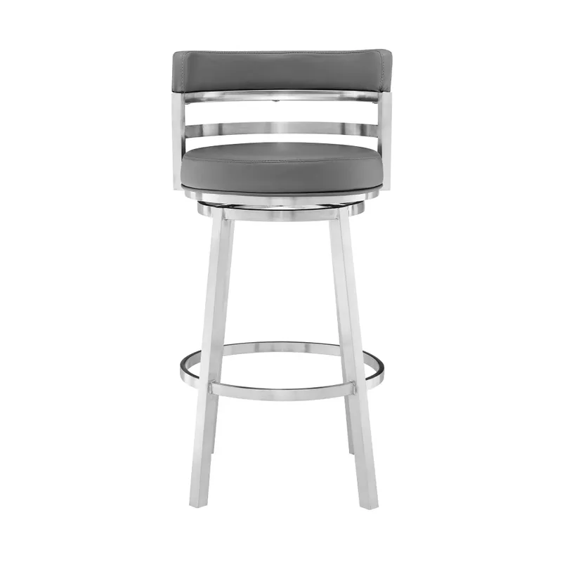 Titana 30" Bar Height Swivel Grey Faux Leather and Brushed Stainless Steel Bar Stool