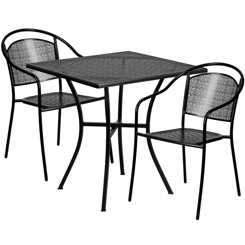 28'' Square Indoor-Outdoor Steel Patio Table Set with 2 Round Back Chairs - Black