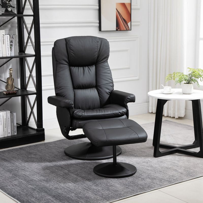 HOMCOM Recliner and Ottoman with Wrapped Base, Swivel PU Leather Reclining Chair with Footrest for Living Room - Black