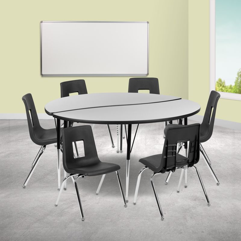 60" Circle Wave Collaborative Laminate Activity Table Set with 16" Student Stack Chairs, Grey/Black - Oak