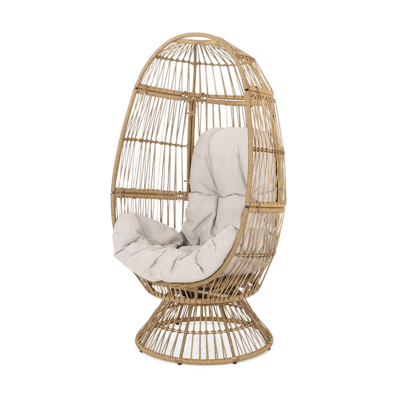 Pintan Outdoor Wicker Swivel Egg Chair with Cushion by Christopher Knight Home - Light Brown + Beige Cushion