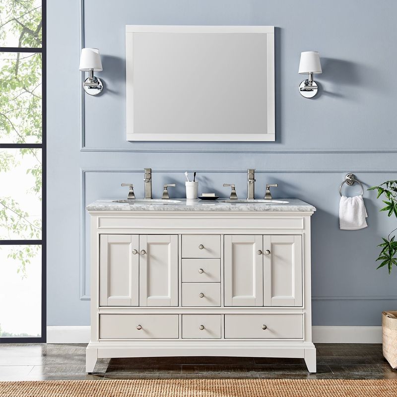Eviva Elite Stamford 48" White Double Sink Bathroom Vanity w/ Double Ogee Edge White Carrara Top - White - Free Standing - Transitional...