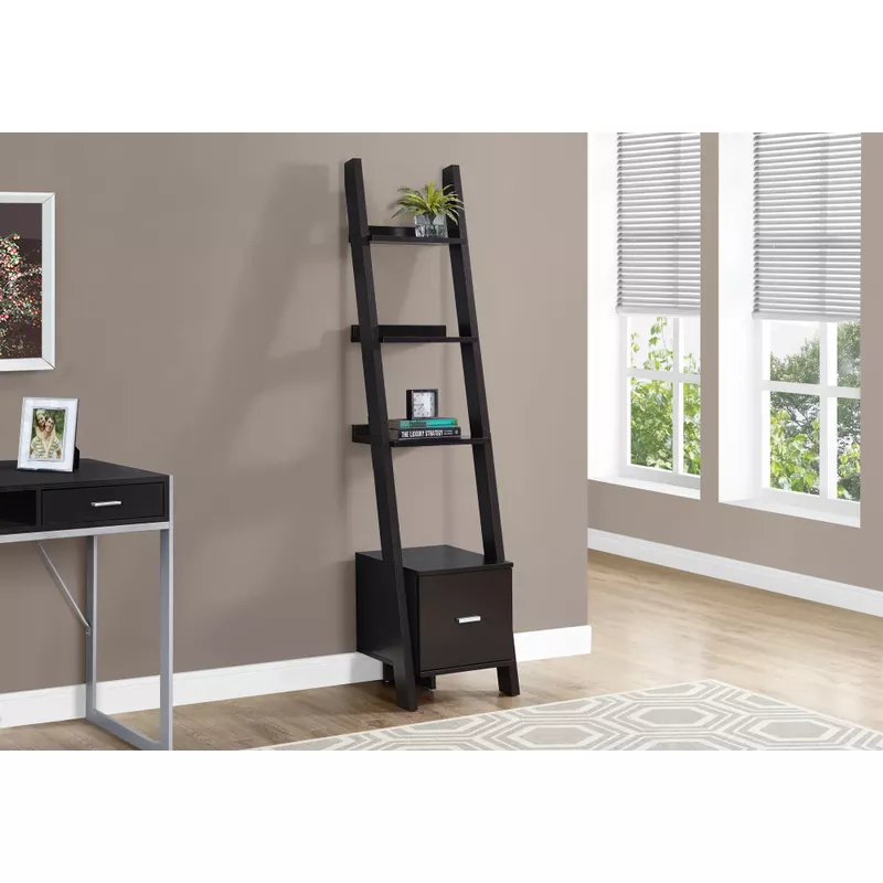 Bookshelf/ Bookcase/ Etagere/ Corner/ Ladder/ 69"H/ Office/ Bedroom/ Laminate/ Brown/ Contemporary/ Modern