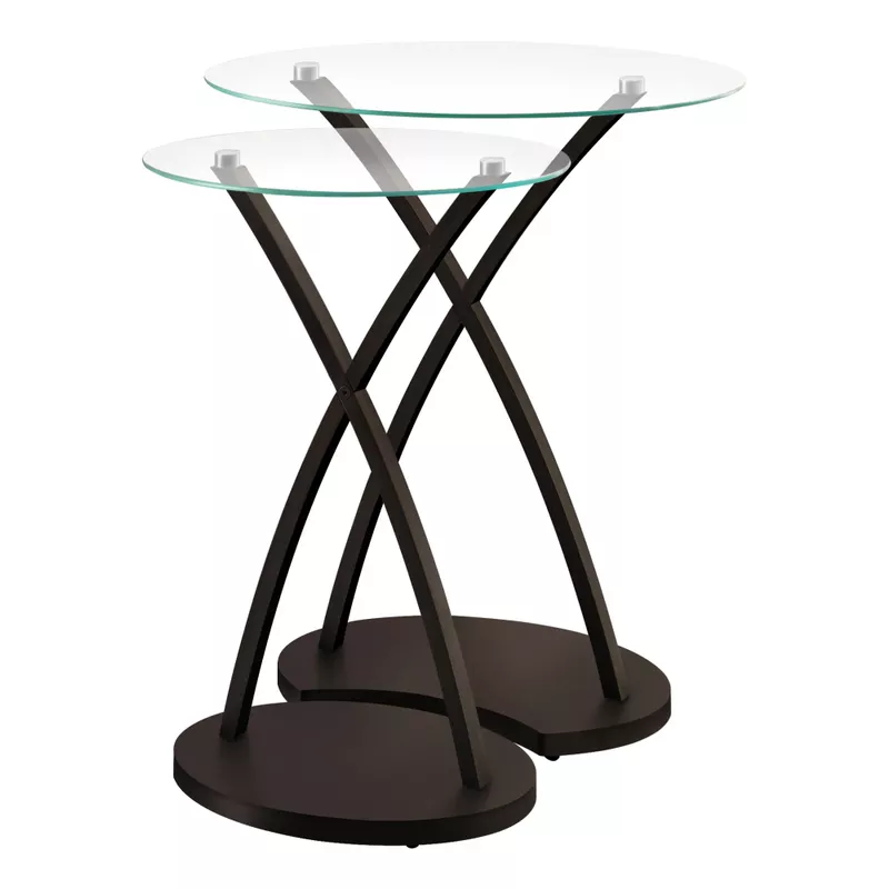 Nesting Table/ Set Of 2/ Side/ End/ Accent/ Living Room/ Bedroom/ Wood/ Tempered Glass/ Brown/ Clear/ Contemporary/ Modern