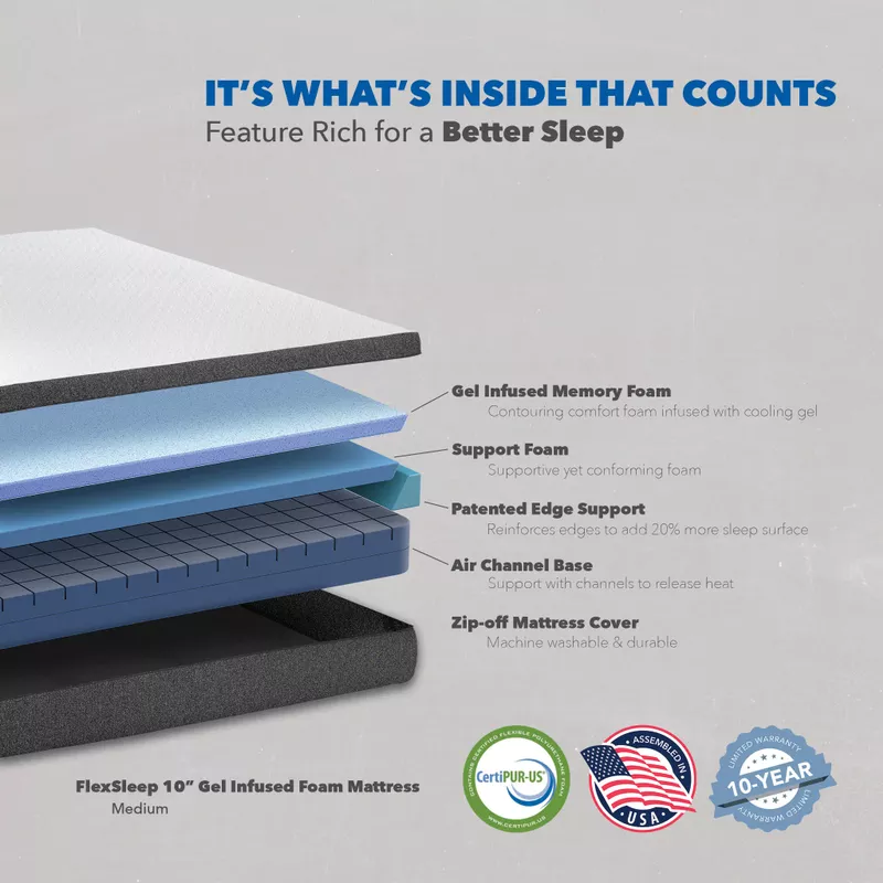 FlexSleep 10" Medium Gel Infused Twin Long Memory Foam Mattress/Bed-in-a-Box