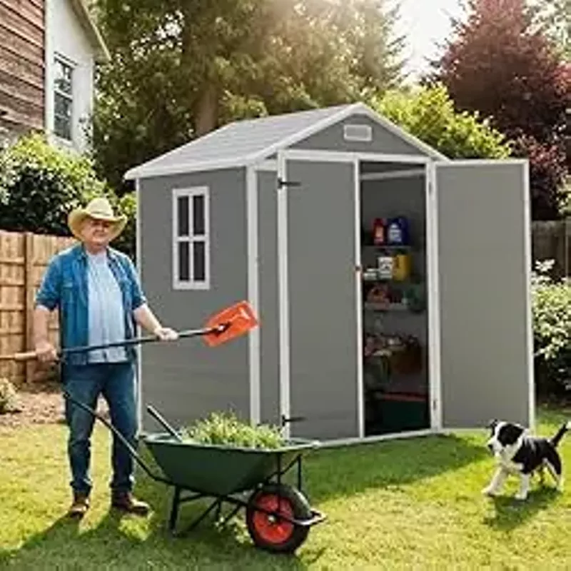 Greesum Outdoor Storage Shed 6X4FT All-Weather Resin Tool Room with Floor for Garden,Backyard,Pool Tool, Light Grey