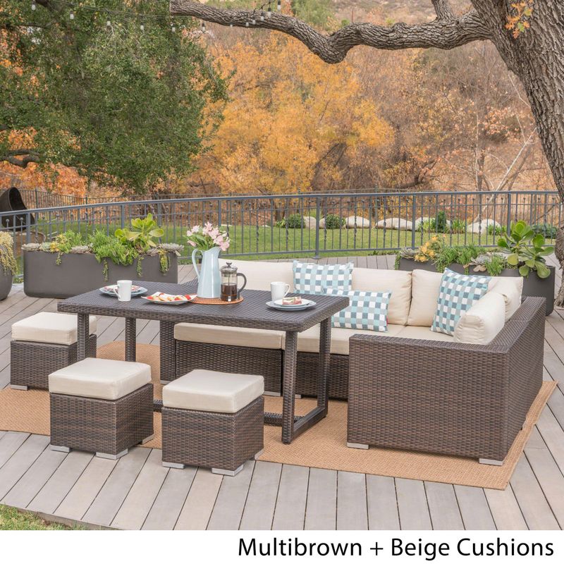 Santa Rosa Outdoor 8-Piece Rectangle Aluminum Wicker Dining Sofa Set with Cushions by Christopher Knight Home - Brown/Beige