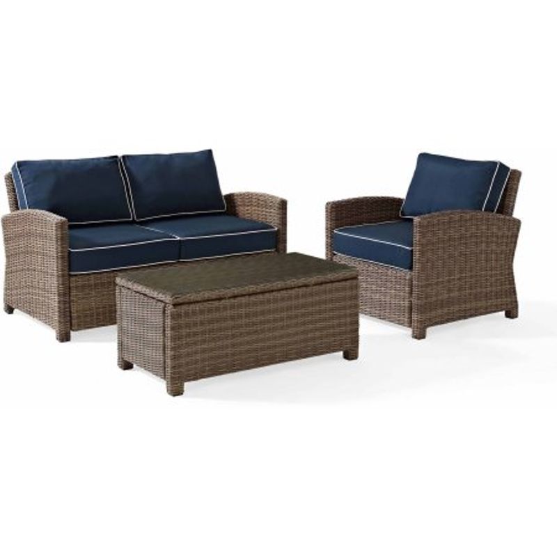 Crosley Furniture Bradenton 3 Piece Outdoor Wicker Seating Set with Navy Cushions - Loveseat, Arm Chair & Glass Top Table
